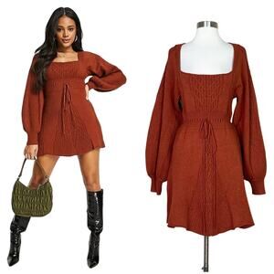 Free People | Emmaline Rust Orange Knit Balloon Sleeve Open Back Sweater Dress L